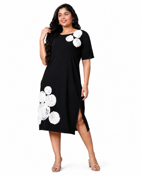 Black & Bloom | Plus Size 3D Floral Appliqué Midi Dress
