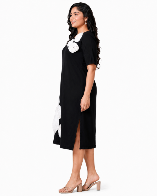 Black & Bloom | Plus Size 3D Floral Appliqué Midi Dress