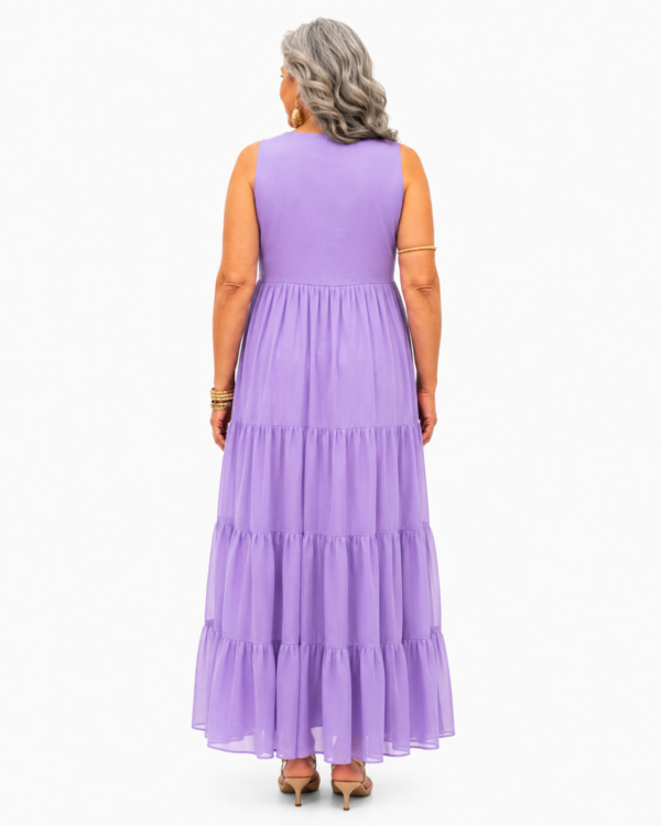 Lavender Tiered Maxi Dress, Pastel Purple Plus Size Flowy Gown, Sleeveless Summer Wedding Guest Dress