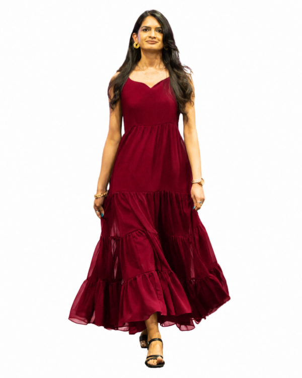 Maroon Tiered Maxi Dress, Burgundy Plus Size Flowy Georgette Gown, Sleeveless Fall Evening Dress