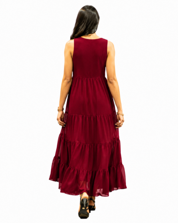 Maroon Tiered Maxi Dress, Burgundy Plus Size Flowy Georgette Gown, Sleeveless Fall Evening Dress