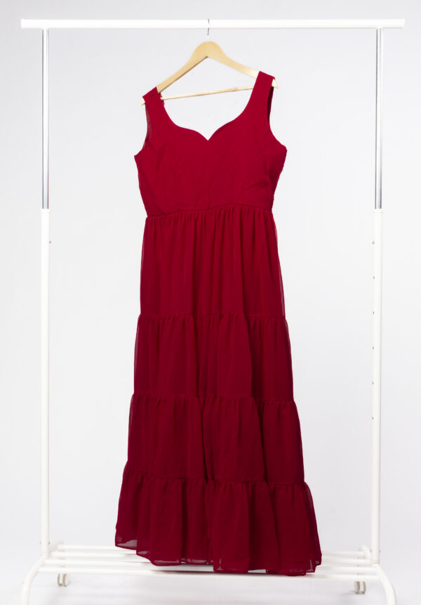 Maroon Tiered Maxi Dress, Burgundy Plus Size Flowy Georgette Gown, Sleeveless Fall Evening Dress