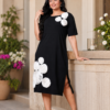 Black & Bloom | Plus Size 3D Floral Appliqué Midi Dress